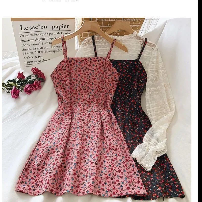 Summer Retro Print Short Backless Dress Women's New High Waist Slim Floral Versatile Suspender Skirt display picture 6