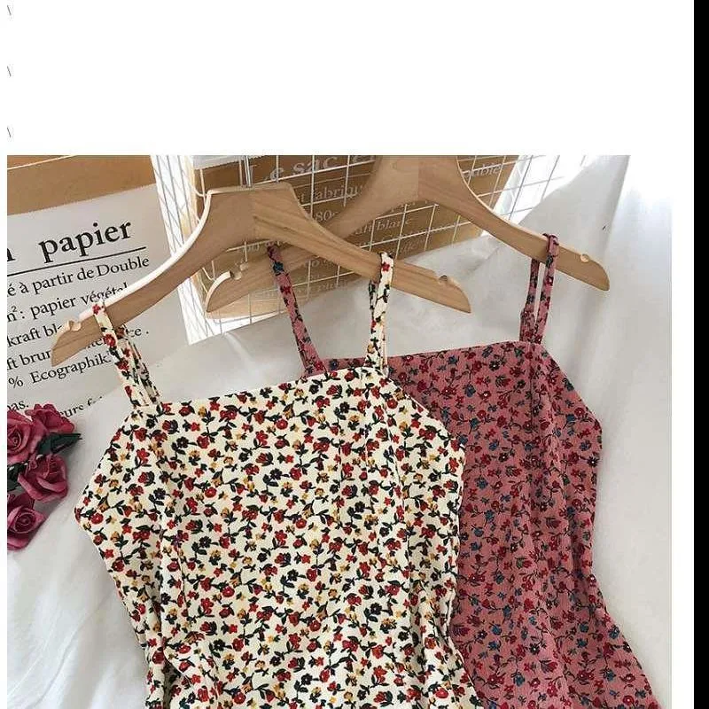 Summer Retro Print Short Backless Dress Women's New High Waist Slim Floral Versatile Suspender Skirt display picture 7