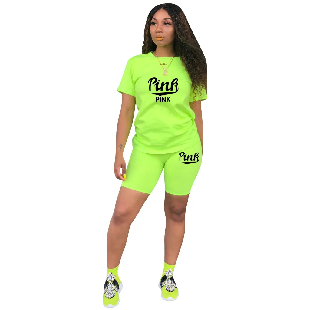 In Stock    Fashion Casual Sports Shorts Short Sleeve Pink Printed Cotton Two-piece Suit display picture 5
