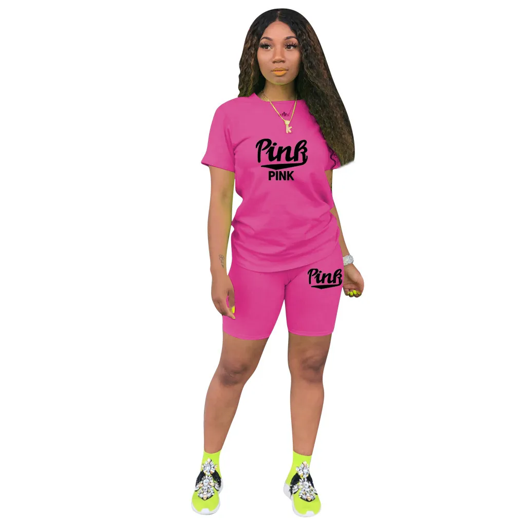 In Stock    Fashion Casual Sports Shorts Short Sleeve Pink Printed Cotton Two-piece Suit display picture 7