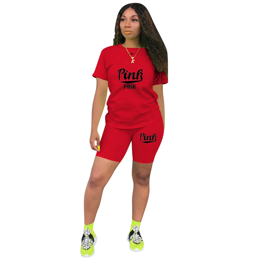 In Stock    Fashion Casual Sports Shorts Short Sleeve Pink Printed Cotton Two-piece Suit display picture 4