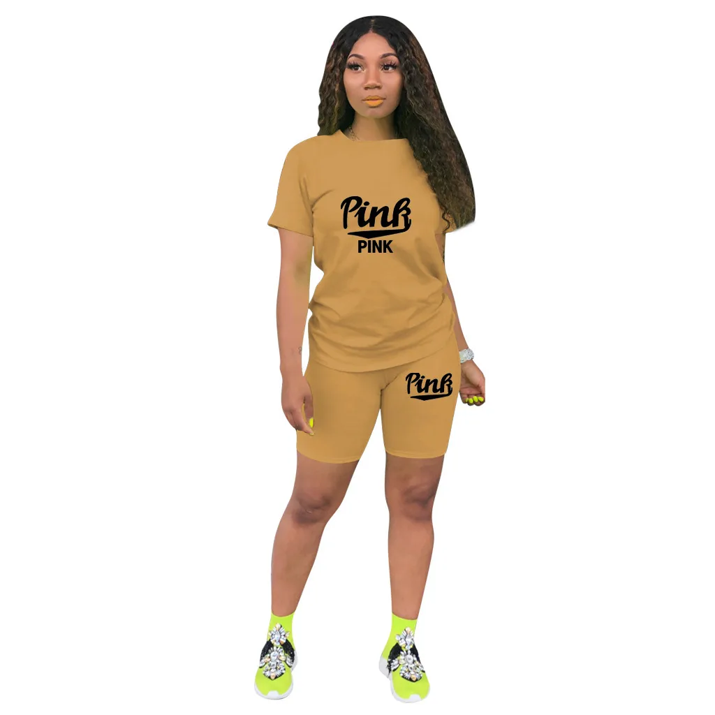 In Stock    Fashion Casual Sports Shorts Short Sleeve Pink Printed Cotton Two-piece Suit display picture 9