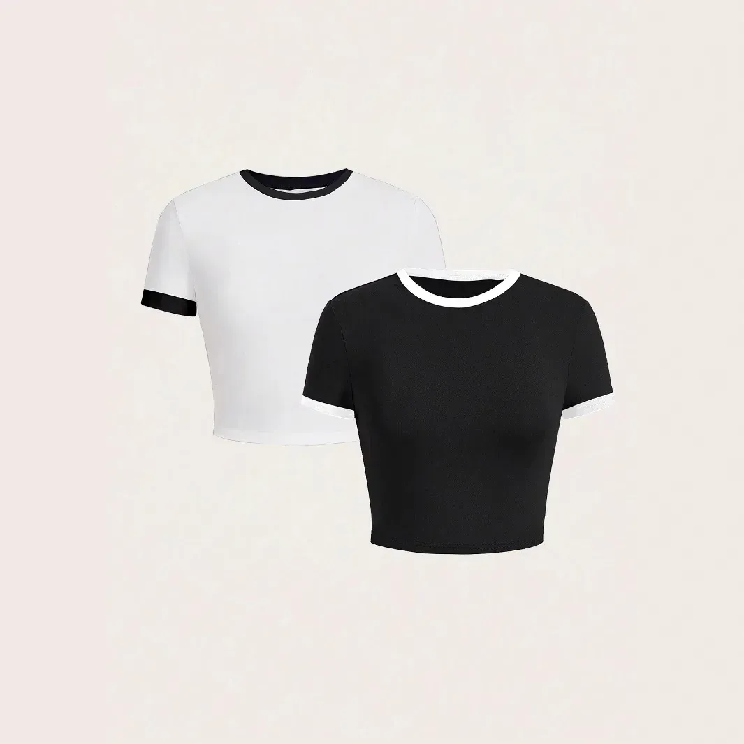 Warehouse  Foreign Trade Contrast Color Round Neck Spice Girl Short-sleeved T-shirt Women's Summer Slim-fit Slimming Navel-exposed High Waist Short Top display picture 2