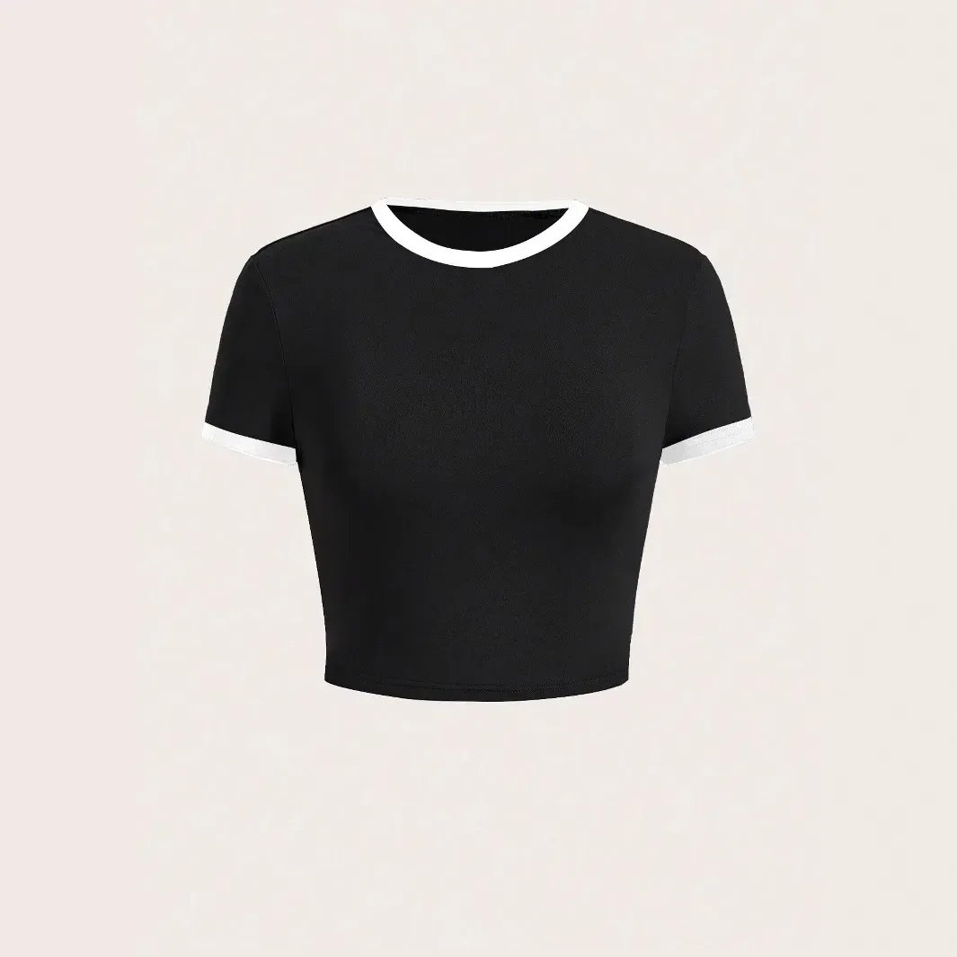 Warehouse  Foreign Trade Contrast Color Round Neck Spice Girl Short-sleeved T-shirt Women's Summer Slim-fit Slimming Navel-exposed High Waist Short Top display picture 3