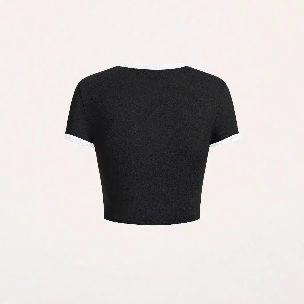 Warehouse  Foreign Trade Contrast Color Round Neck Spice Girl Short-sleeved T-shirt Women's Summer Slim-fit Slimming Navel-exposed High Waist Short Top display picture 4