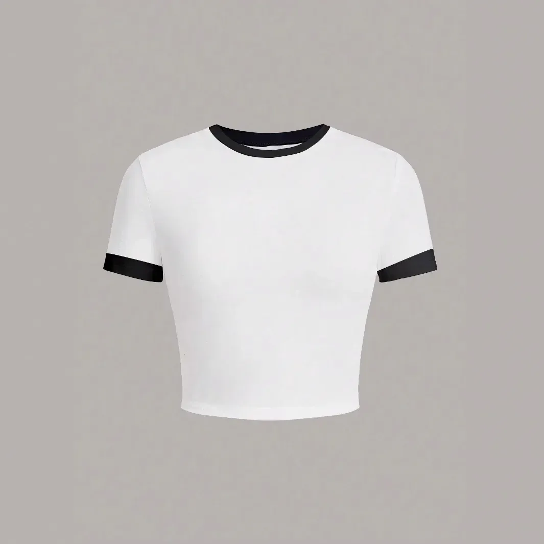 Warehouse  Foreign Trade Contrast Color Round Neck Spice Girl Short-sleeved T-shirt Women's Summer Slim-fit Slimming Navel-exposed High Waist Short Top display picture 5