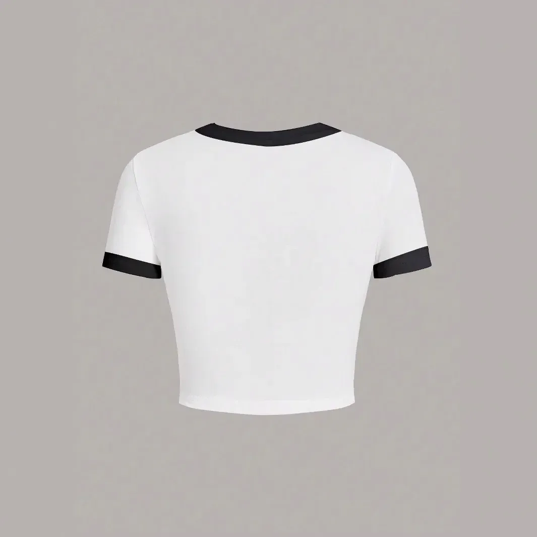 Warehouse  Foreign Trade Contrast Color Round Neck Spice Girl Short-sleeved T-shirt Women's Summer Slim-fit Slimming Navel-exposed High Waist Short Top display picture 6