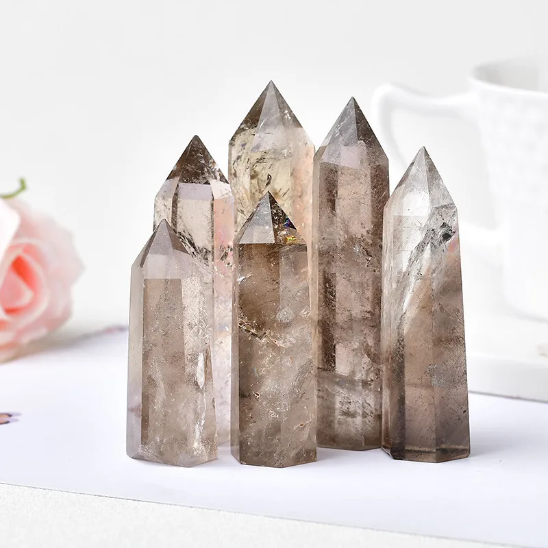 Hot Sale Natural Tea Crystal Column Single Pointed Hexagonal Prism Original Stone Polished Smoke Crystal Column Home Office Feng Shui Ornaments display picture 4