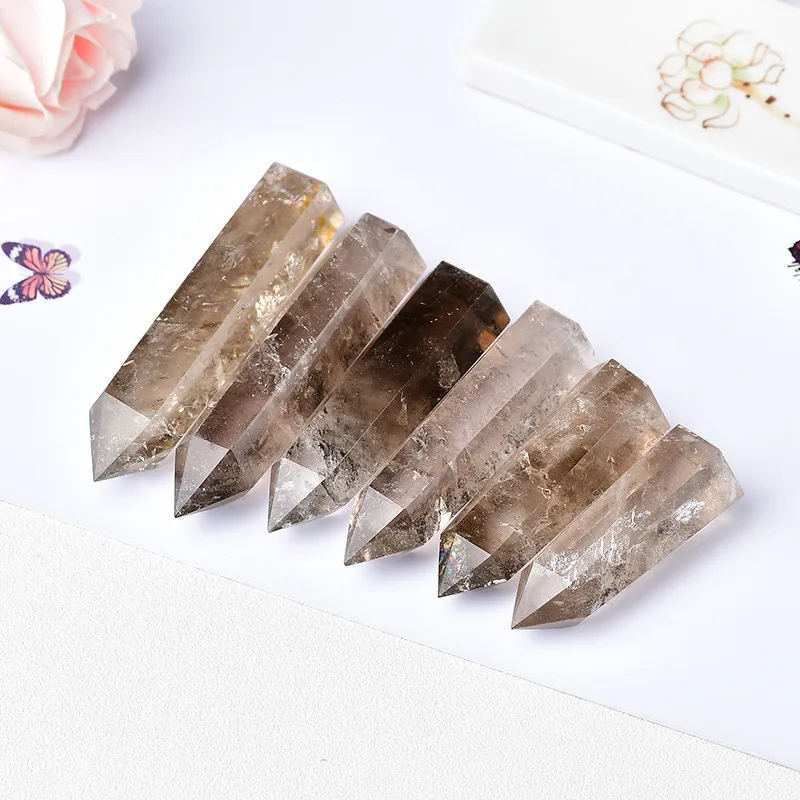 Hot Sale Natural Tea Crystal Column Single Pointed Hexagonal Prism Original Stone Polished Smoke Crystal Column Home Office Feng Shui Ornaments display picture 1