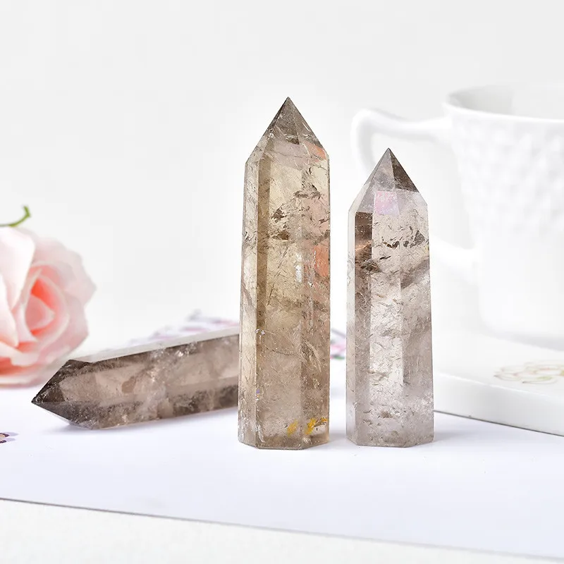 Hot Sale Natural Tea Crystal Column Single Pointed Hexagonal Prism Original Stone Polished Smoke Crystal Column Home Office Feng Shui Ornaments display picture 2