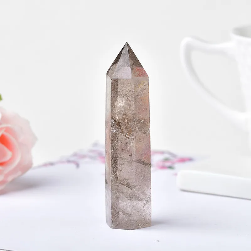 Hot Sale Natural Tea Crystal Column Single Pointed Hexagonal Prism Original Stone Polished Smoke Crystal Column Home Office Feng Shui Ornaments display picture 3