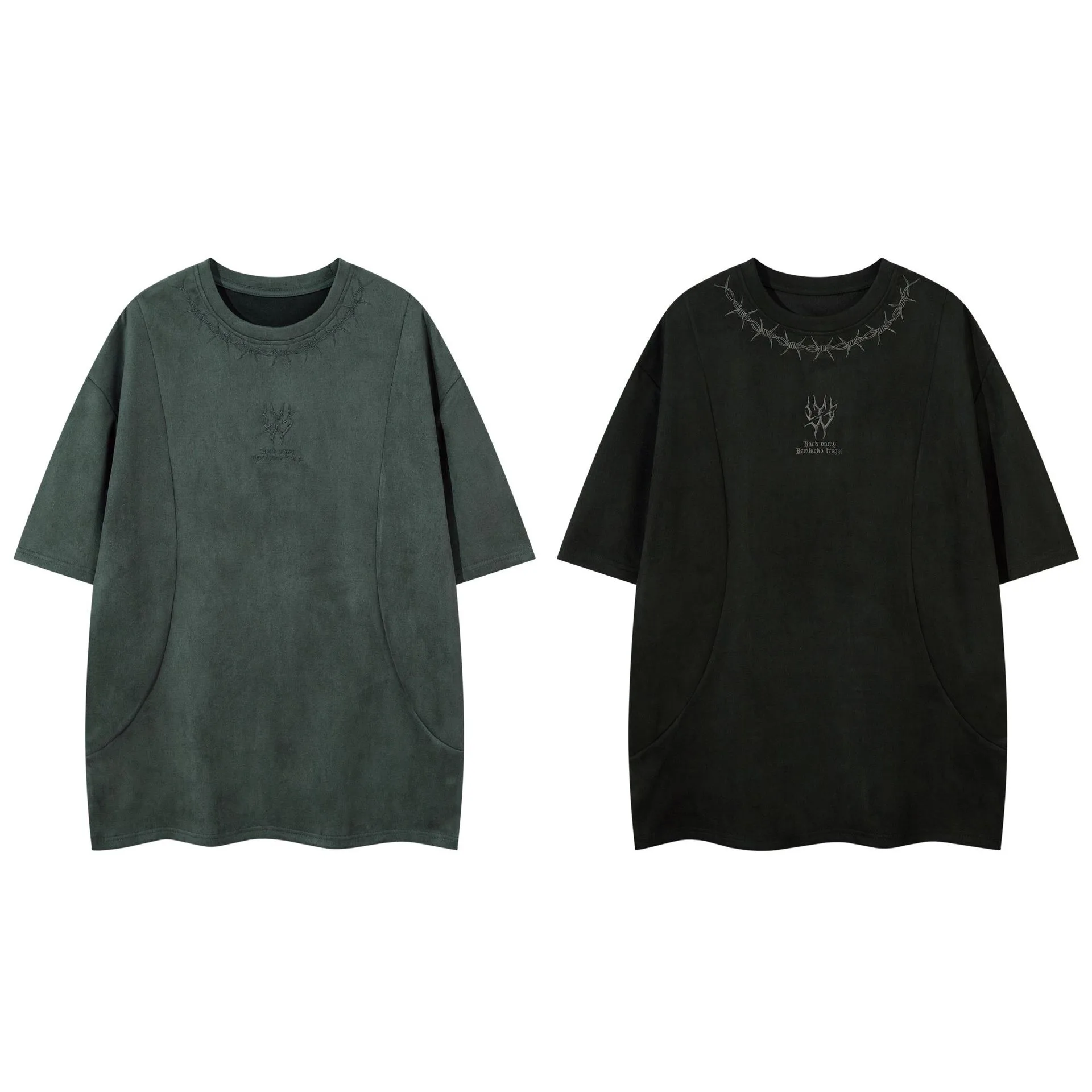 Jiayiku  Summer T-shirt Men's American Street Dark Tide Brand Tee Thorn Embroidered Suede T-shirt Short Sleeve display picture 1