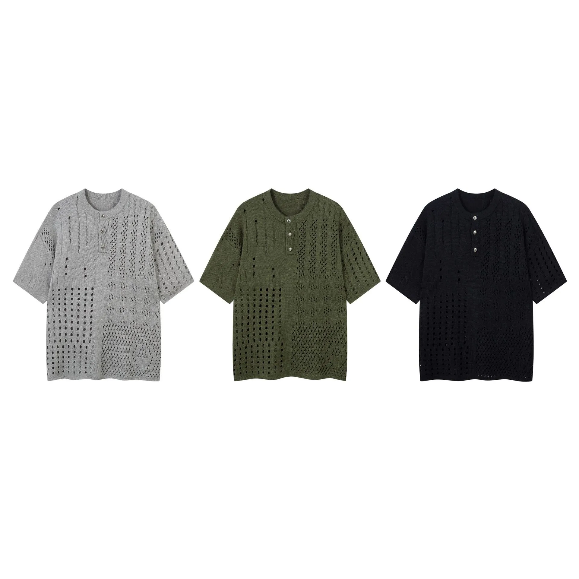 Jiayiku Men's  Hole-Hole Knitted T-Shirt Men's High-end Sense Duffy Handsome American Retro Trendy T-Shirt With Short Sleeves display picture 2