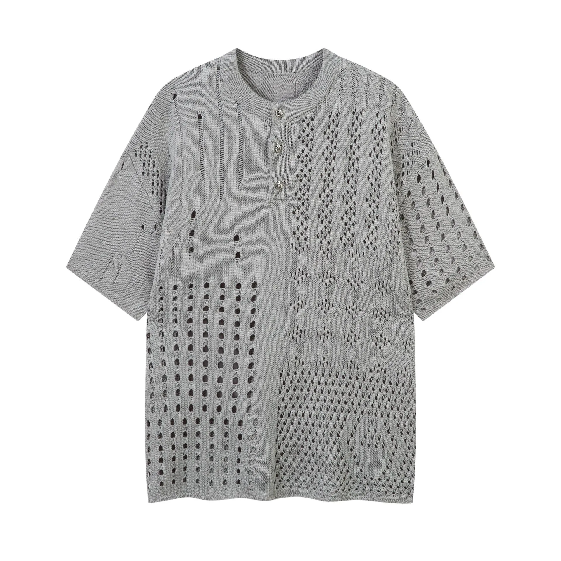 Jiayiku Men's  Hole-Hole Knitted T-Shirt Men's High-end Sense Duffy Handsome American Retro Trendy T-Shirt With Short Sleeves display picture 3