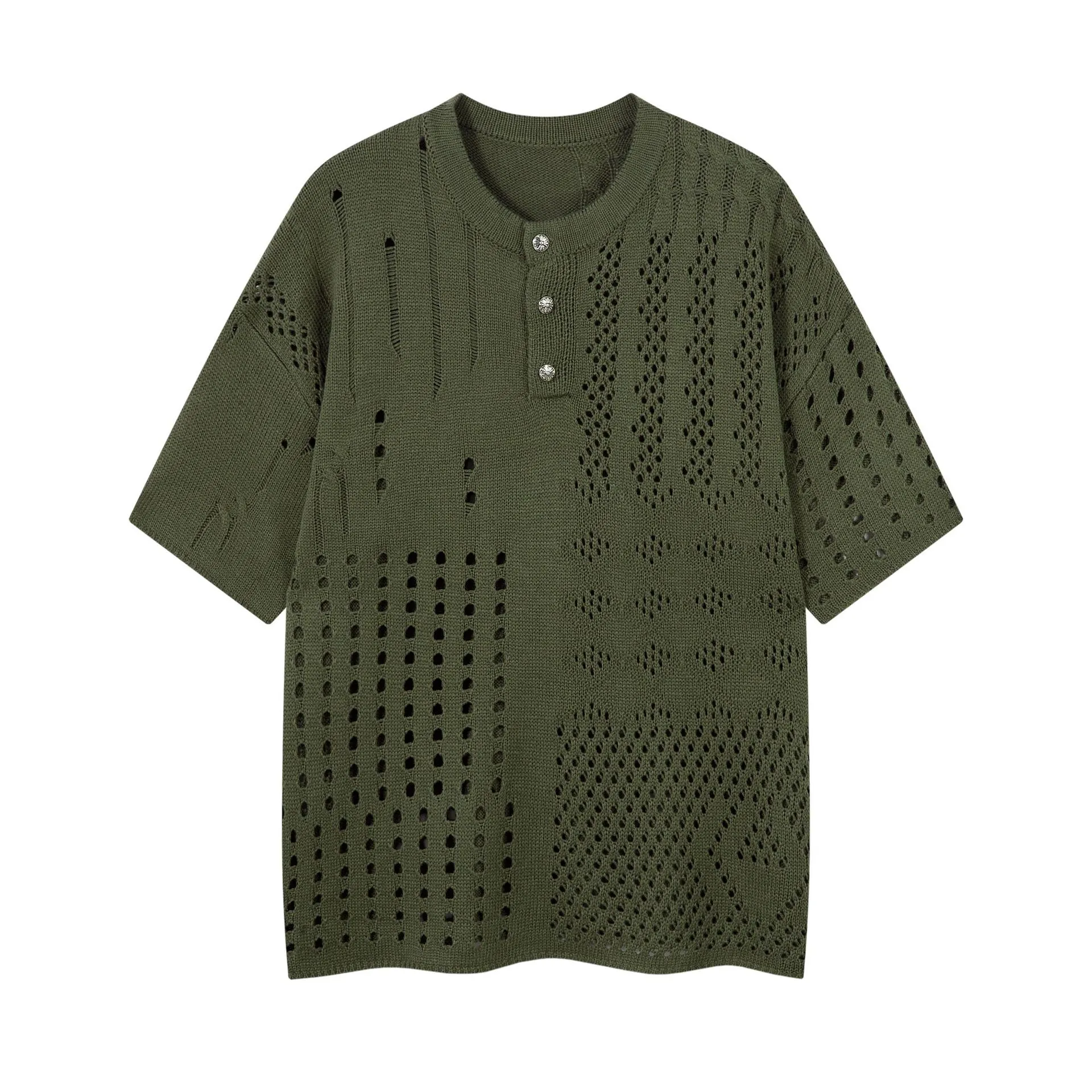 Jiayiku Men's  Hole-Hole Knitted T-Shirt Men's High-end Sense Duffy Handsome American Retro Trendy T-Shirt With Short Sleeves display picture 5