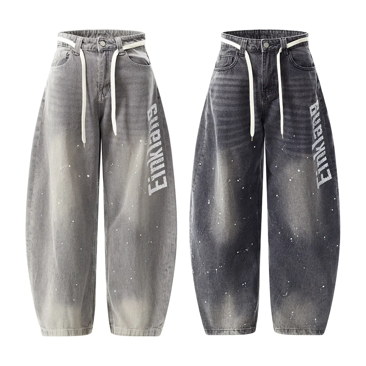 Jiayiku Trendy Brand  New American Retro Inkjet Washed Personalized Scimitar Jeans Loose Wide-Leg Pants display picture 2