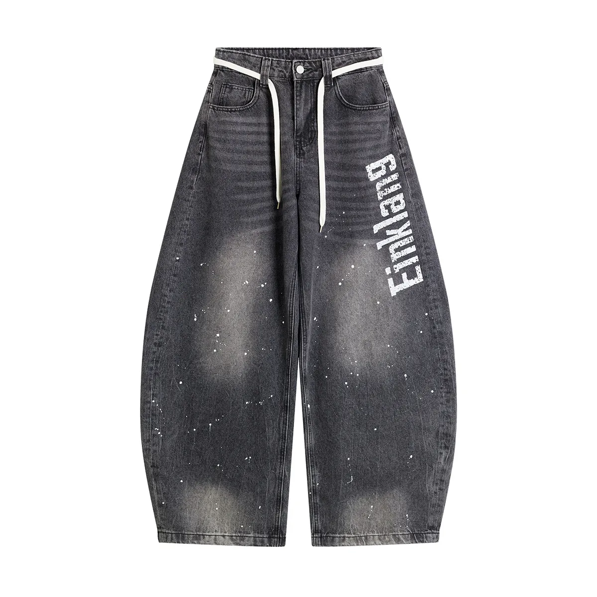 Jiayiku Trendy Brand  New American Retro Inkjet Washed Personalized Scimitar Jeans Loose Wide-Leg Pants display picture 3