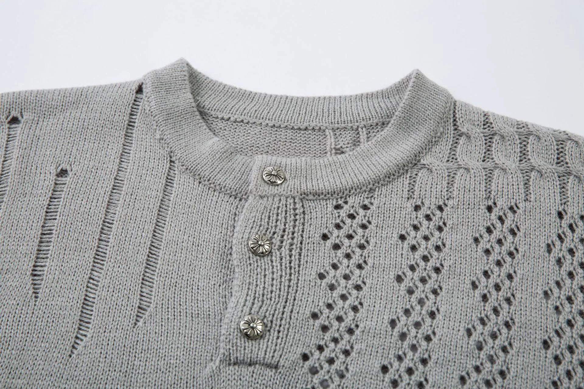 Jiayiku Men's  Hole-Hole Knitted T-Shirt Men's High-end Sense Duffy Handsome American Retro Trendy T-Shirt With Short Sleeves display picture 11