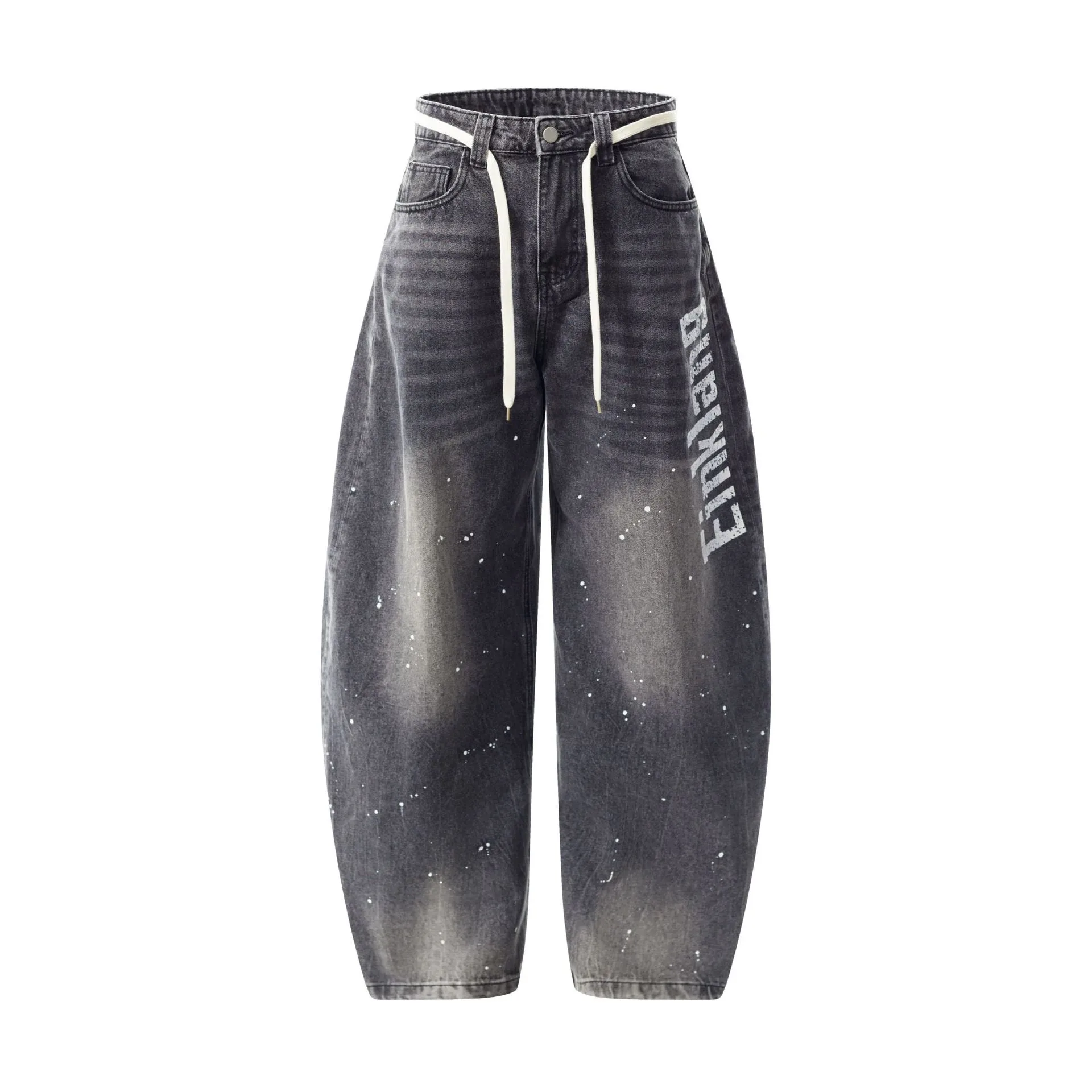 Jiayiku Trendy Brand  New American Retro Inkjet Washed Personalized Scimitar Jeans Loose Wide-Leg Pants display picture 7