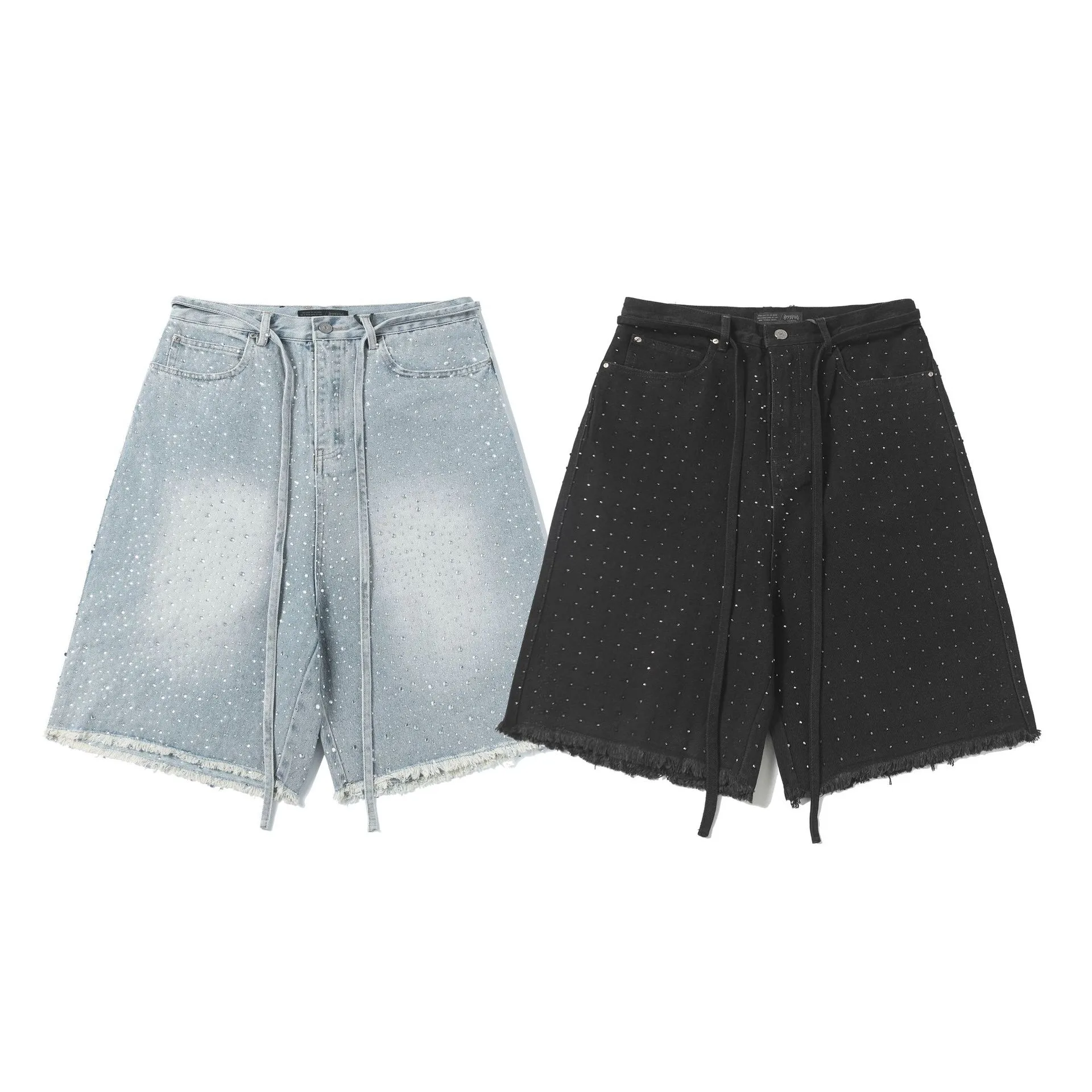 Jiayiku Men's  High Street American Style Vintage Washed Rough Edge Denim Shorts Personalized Hot Drilling Pants Wide Legs display picture 2