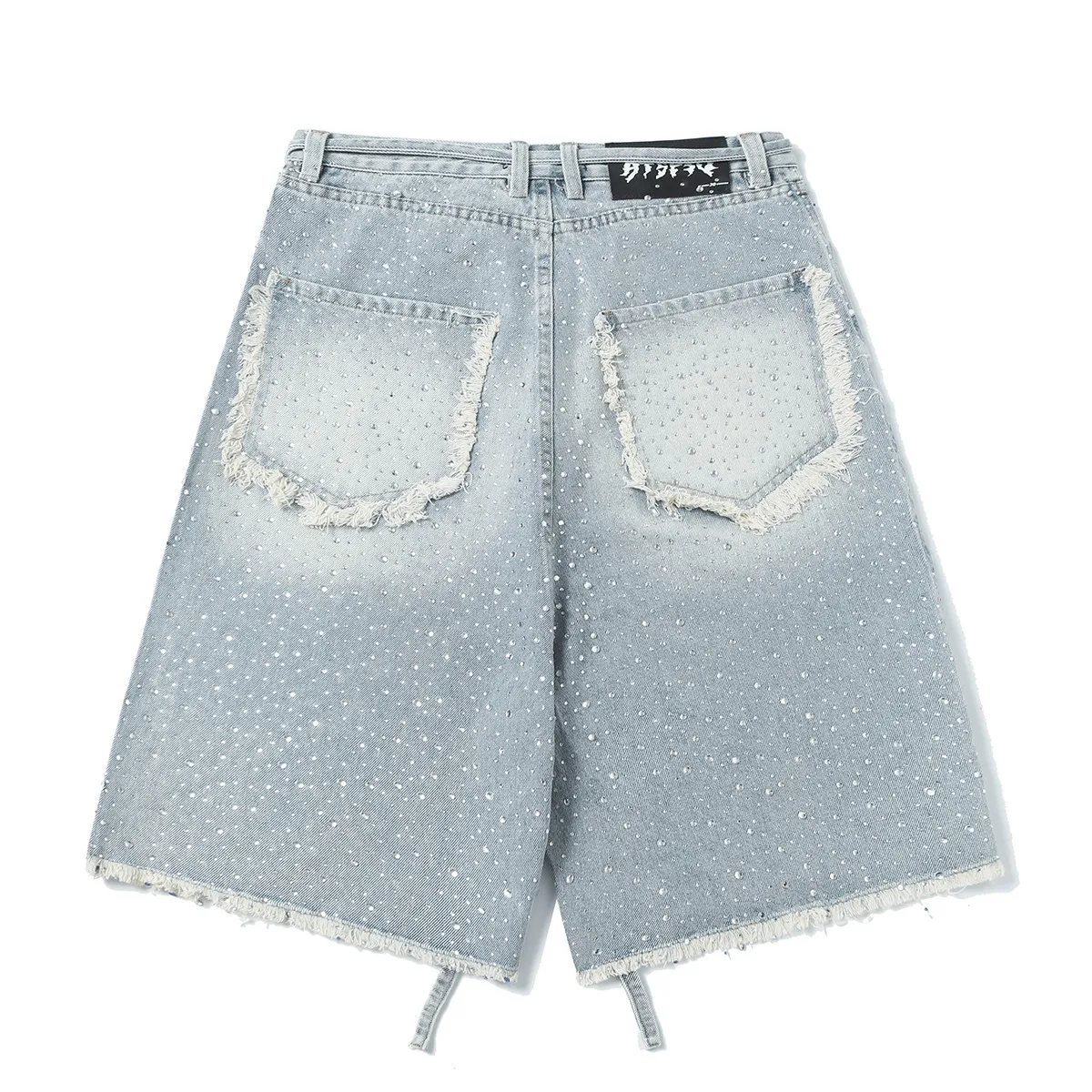 Jiayiku Men's  High Street American Style Vintage Washed Rough Edge Denim Shorts Personalized Hot Drilling Pants Wide Legs display picture 12