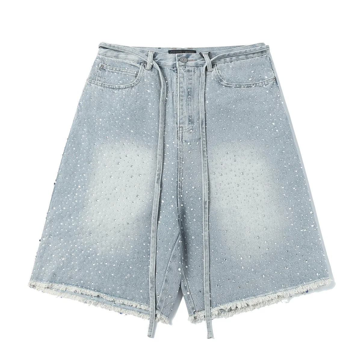 Jiayiku Men's  High Street American Style Vintage Washed Rough Edge Denim Shorts Personalized Hot Drilling Pants Wide Legs display picture 13