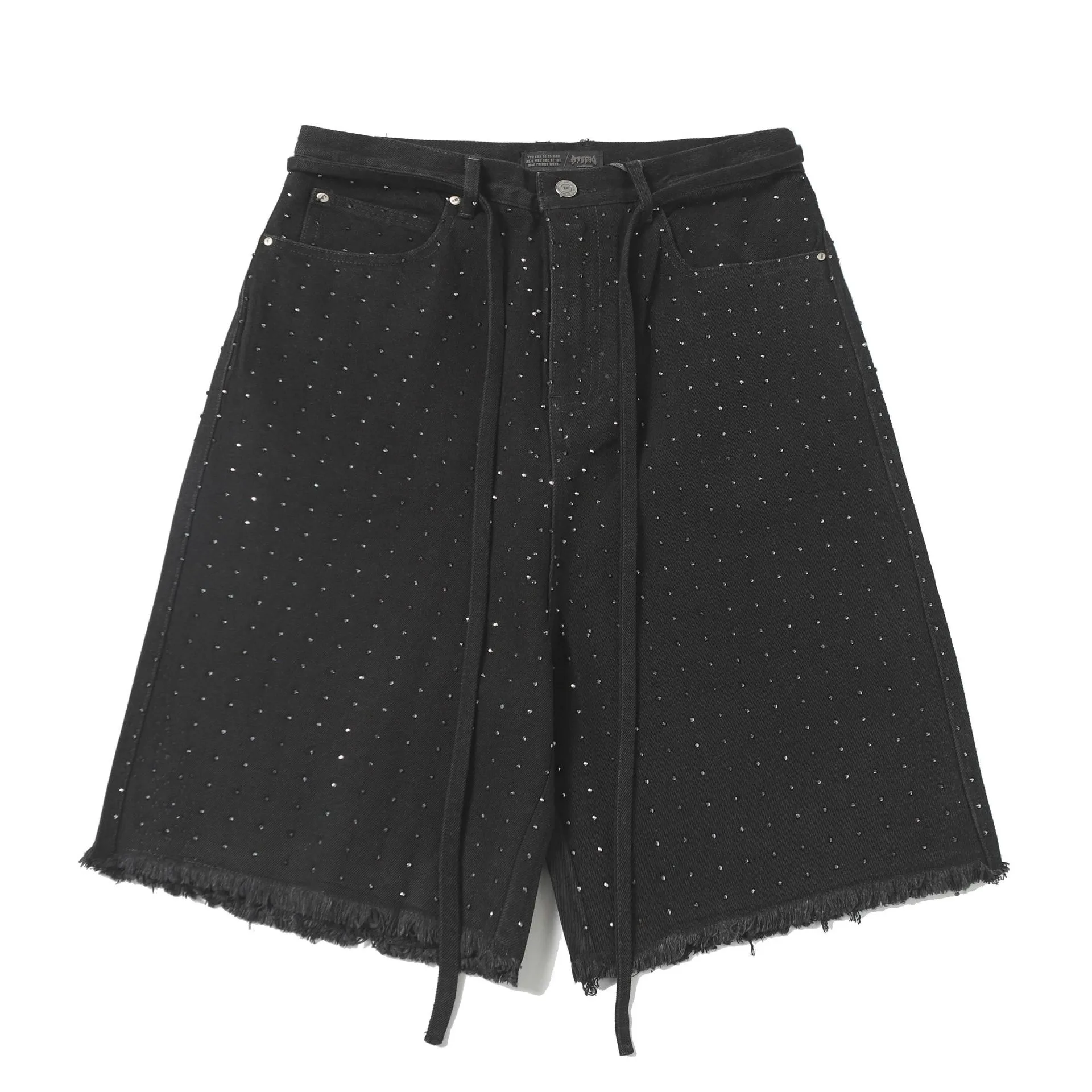 Jiayiku Men's  High Street American Style Vintage Washed Rough Edge Denim Shorts Personalized Hot Drilling Pants Wide Legs display picture 14