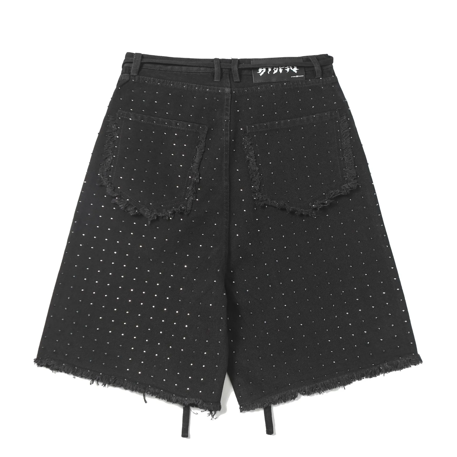 Jiayiku Men's  High Street American Style Vintage Washed Rough Edge Denim Shorts Personalized Hot Drilling Pants Wide Legs display picture 15