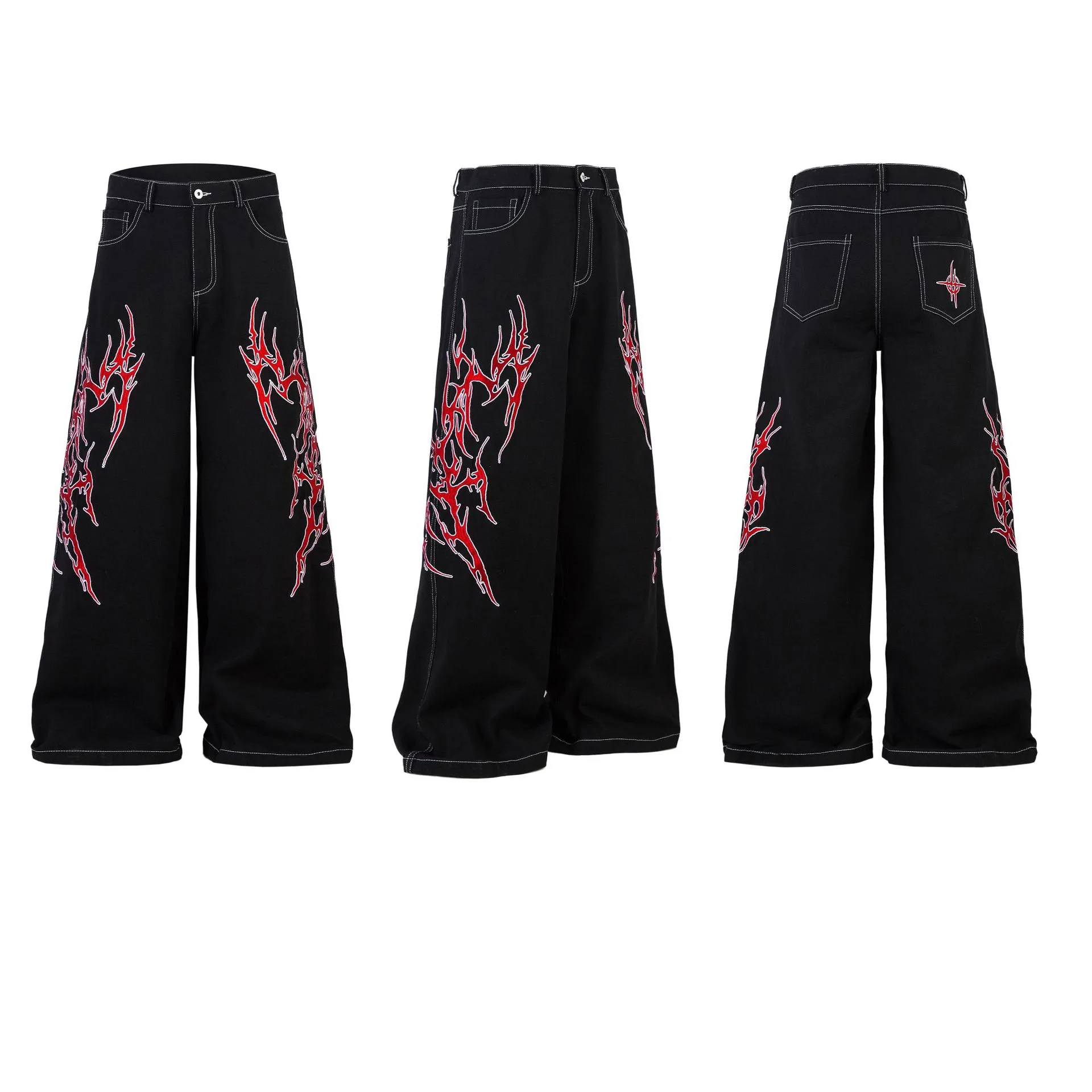 Spring  High Street RO Wind Structure Split Flame Embroidery Washed Primary Color Jeans Loose Wide Leg Pants display picture 15