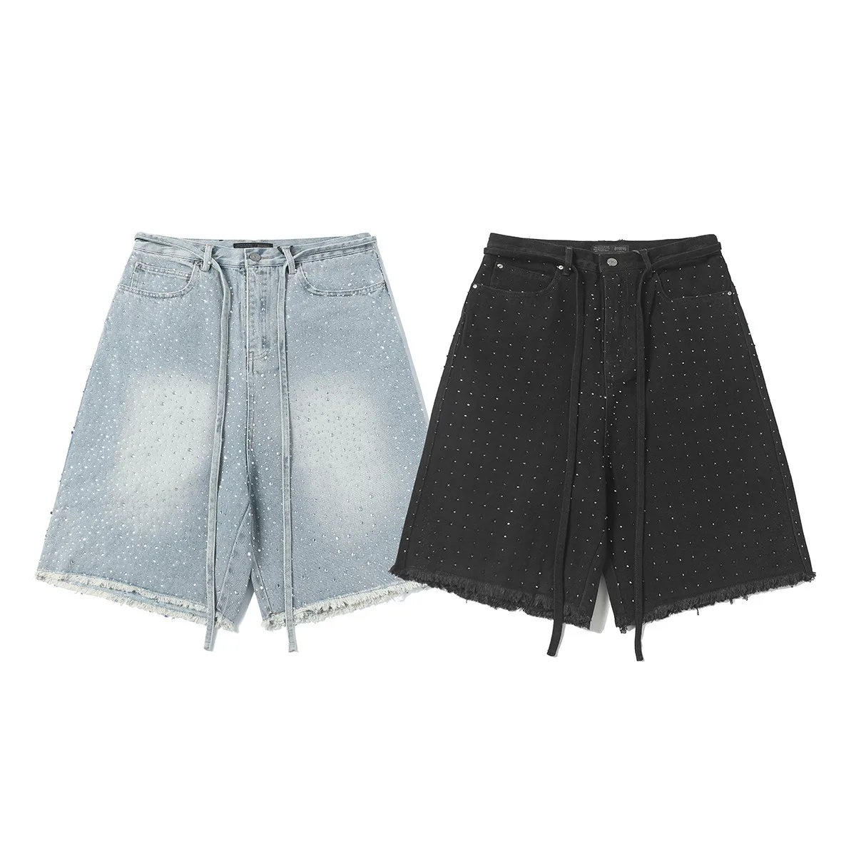 Jiayiku Men's  High Street American Style Vintage Washed Burr Edge Denim Shorts Heavy-duty Hot-drill Distinctive Pants display picture 2
