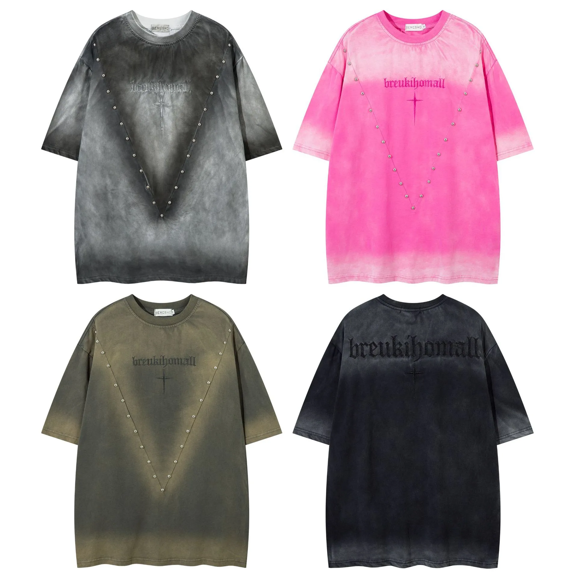 Jiayiku  Summer American Retro Fashion Brand Rivet Dirty Dye Washed T-shirt Short Sleeve Men's Loose Half Sleeve Top display picture 2