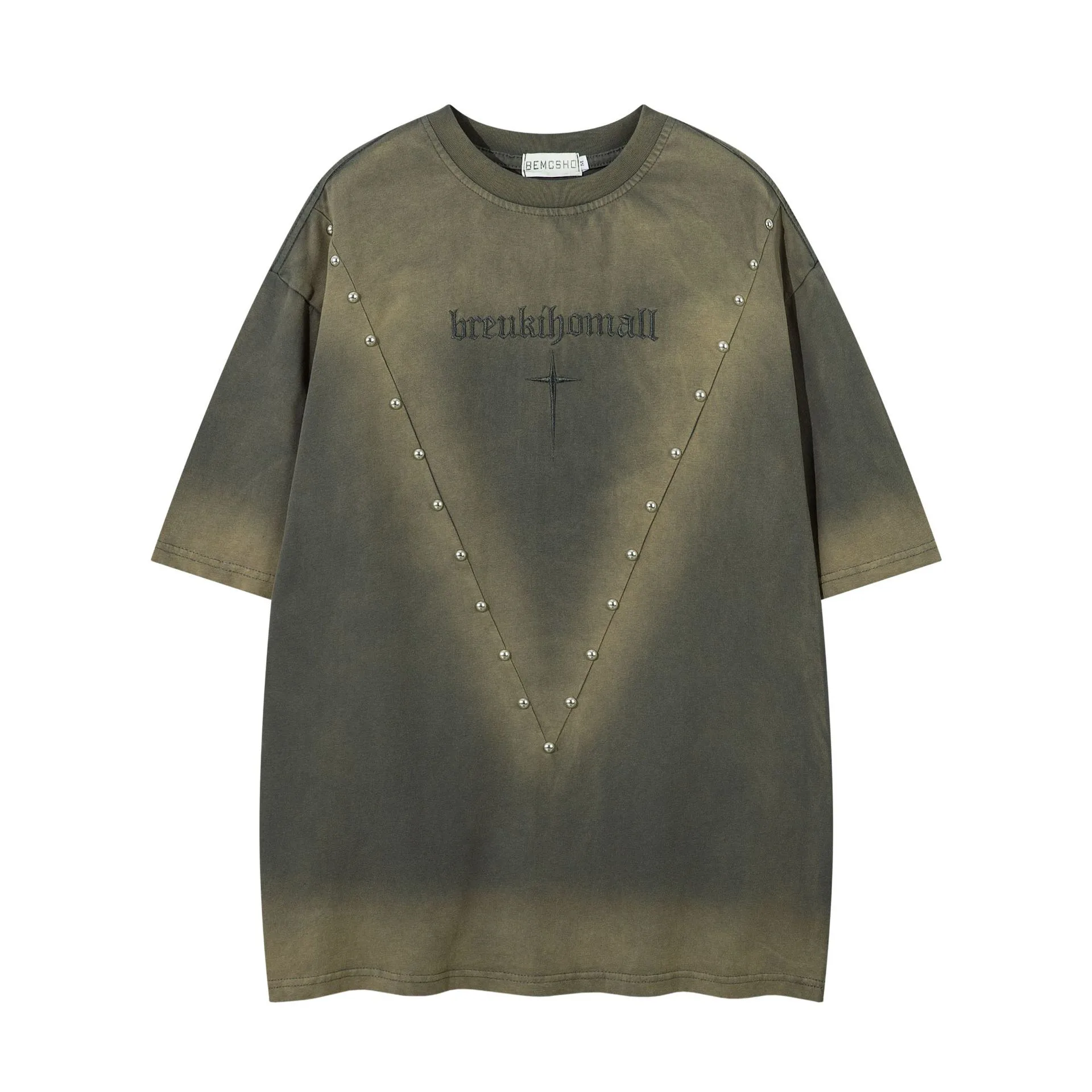 Jiayiku  Summer American Retro Fashion Brand Rivet Dirty Dye Washed T-shirt Short Sleeve Men's Loose Half Sleeve Top display picture 3