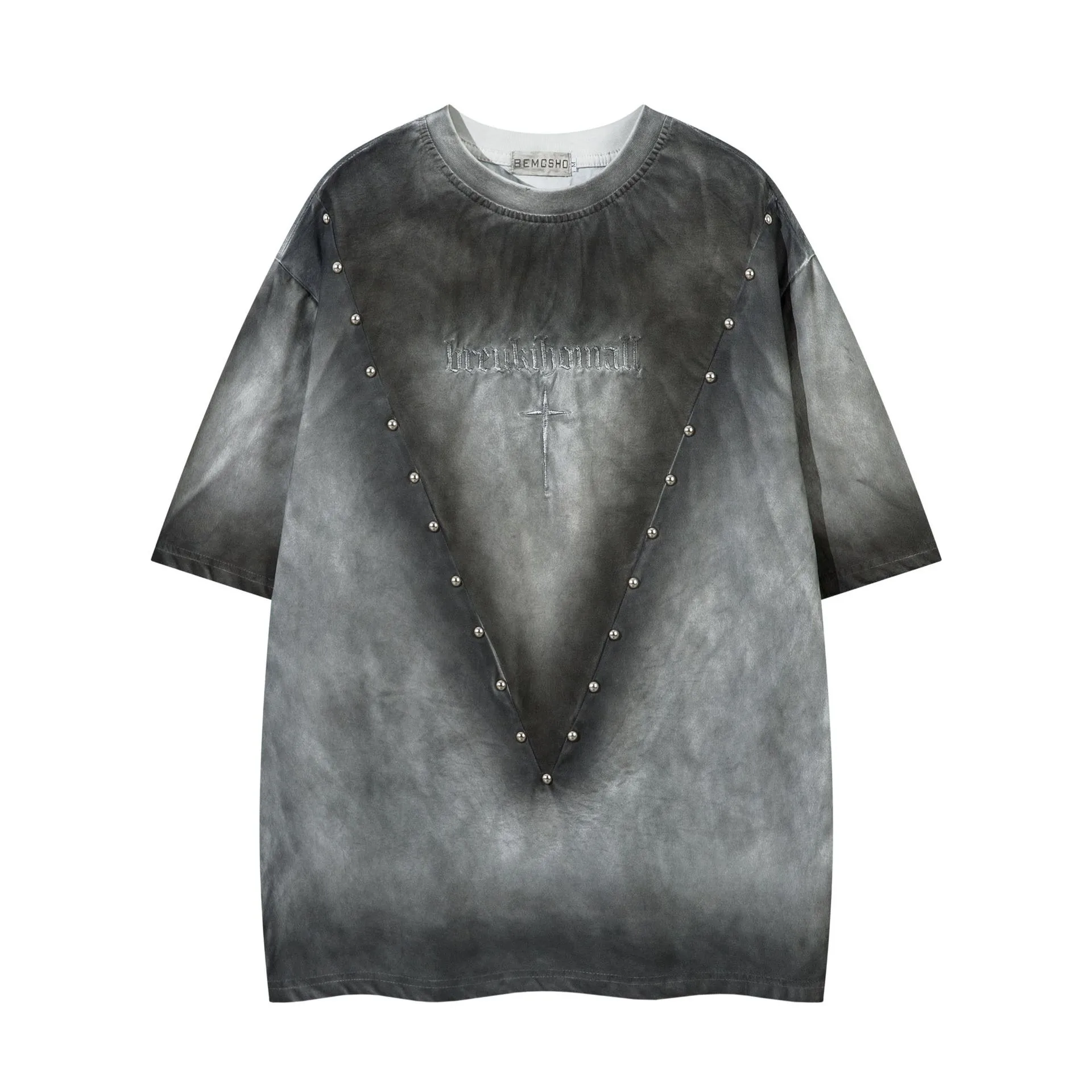 Jiayiku  Summer American Retro Fashion Brand Rivet Dirty Dye Washed T-shirt Short Sleeve Men's Loose Half Sleeve Top display picture 5