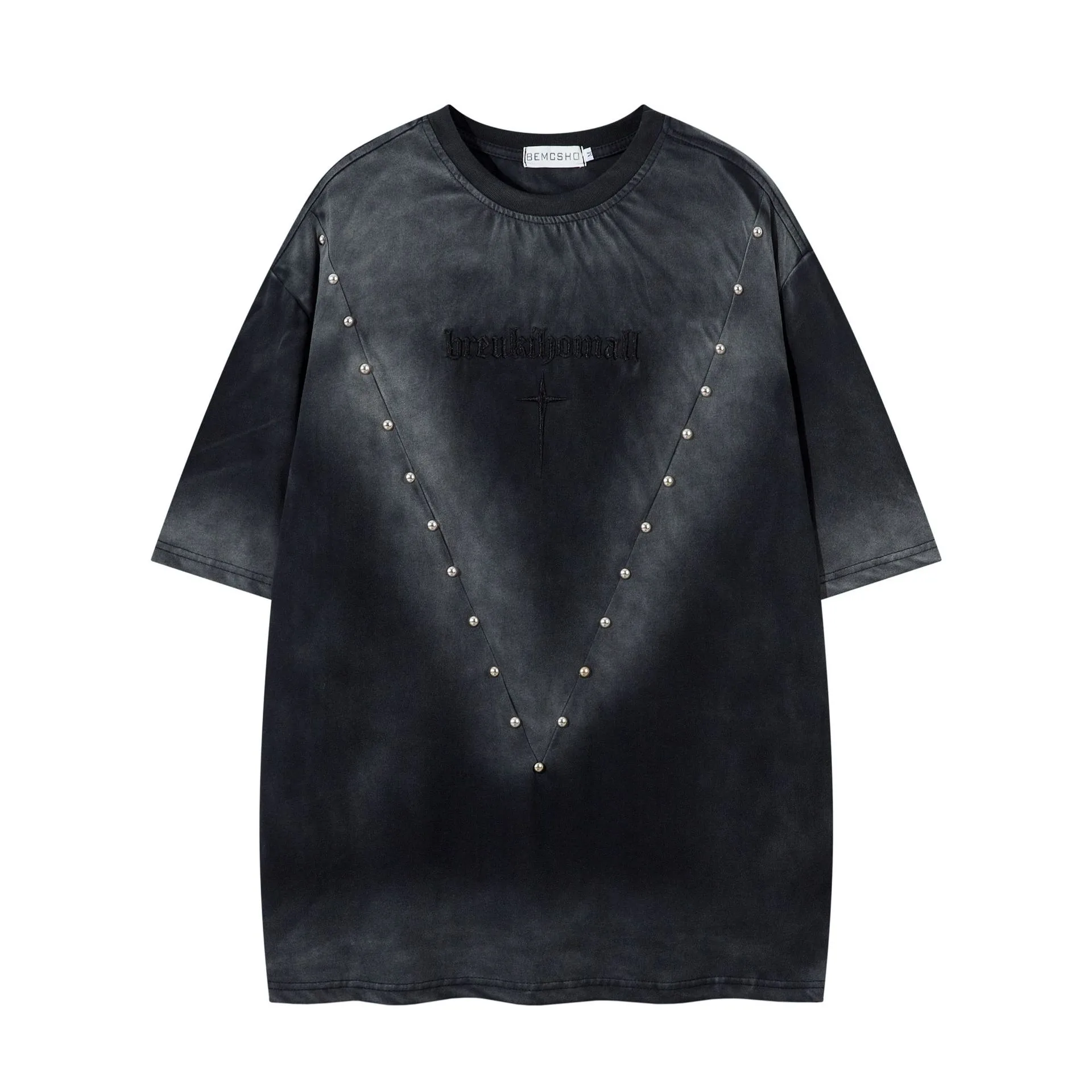 Jiayiku  Summer American Retro Fashion Brand Rivet Dirty Dye Washed T-shirt Short Sleeve Men's Loose Half Sleeve Top display picture 7
