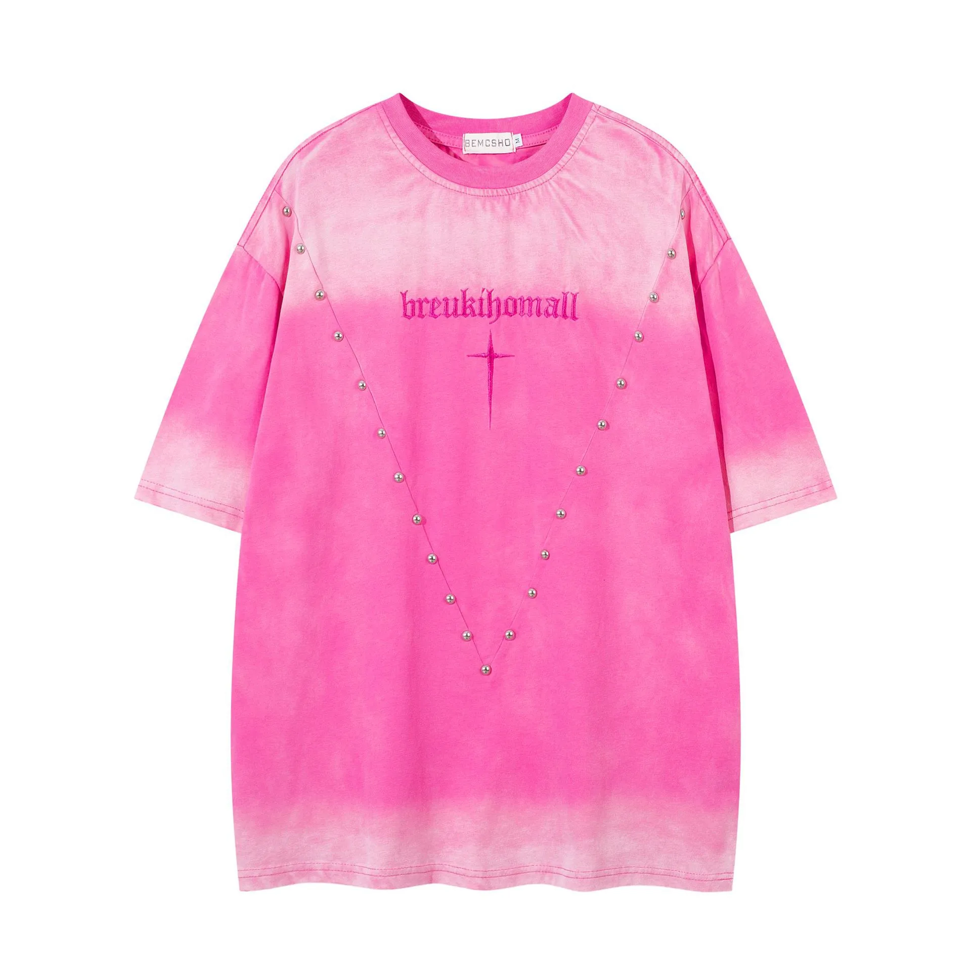 Jiayiku  Summer American Retro Fashion Brand Rivet Dirty Dye Washed T-shirt Short Sleeve Men's Loose Half Sleeve Top display picture 9