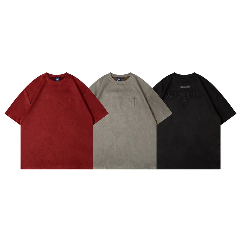 Jiayiku  Summer T-shirt Men's American Street Dark Fashion Brand Cross Embroidered Suede Short-sleeved T-shirt Men display picture 2