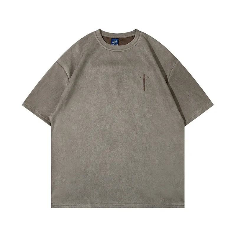 Jiayiku  Summer T-shirt Men's American Street Dark Fashion Brand Cross Embroidered Suede Short-sleeved T-shirt Men display picture 3