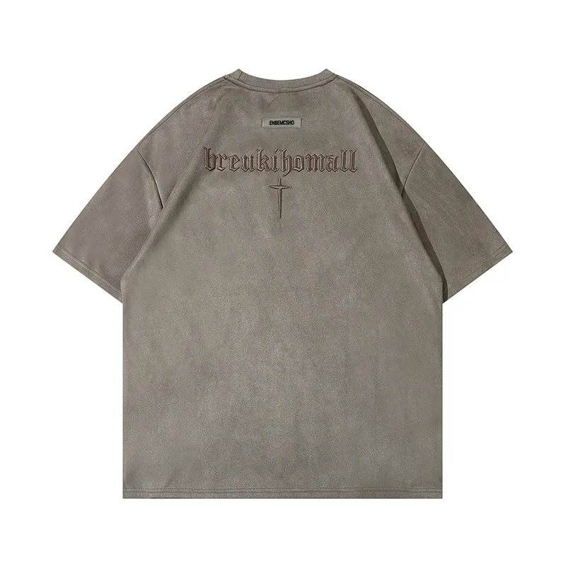 Jiayiku  Summer T-shirt Men's American Street Dark Fashion Brand Cross Embroidered Suede Short-sleeved T-shirt Men display picture 4
