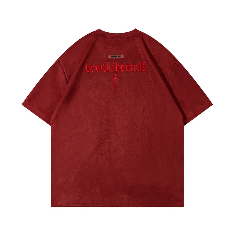 Jiayiku  Summer T-shirt Men's American Street Dark Fashion Brand Cross Embroidered Suede Short-sleeved T-shirt Men display picture 6