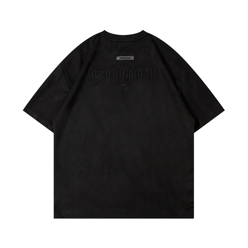 Jiayiku  Summer T-shirt Men's American Street Dark Fashion Brand Cross Embroidered Suede Short-sleeved T-shirt Men display picture 7