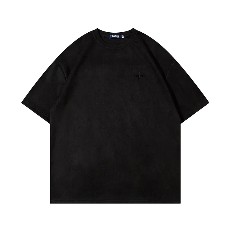 Jiayiku  Summer T-shirt Men's American Street Dark Fashion Brand Cross Embroidered Suede Short-sleeved T-shirt Men display picture 8