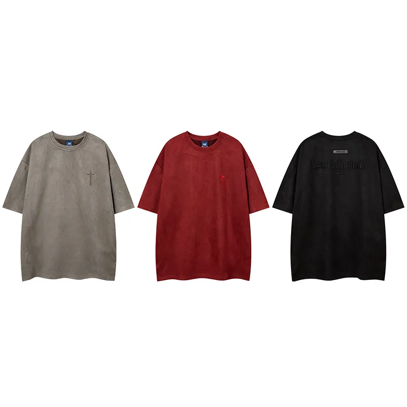 Jiayiku  Summer T-shirt Men's American Street Dark Fashion Brand Cross Embroidered Suede Short-sleeved T-shirt Men display picture 9