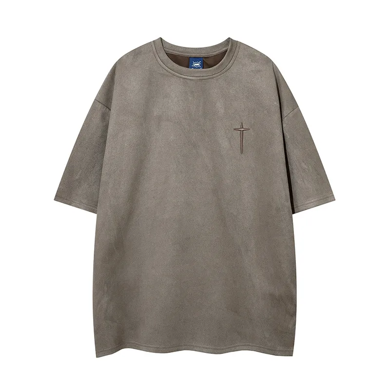 Jiayiku  Summer T-shirt Men's American Street Dark Fashion Brand Cross Embroidered Suede Short-sleeved T-shirt Men display picture 10