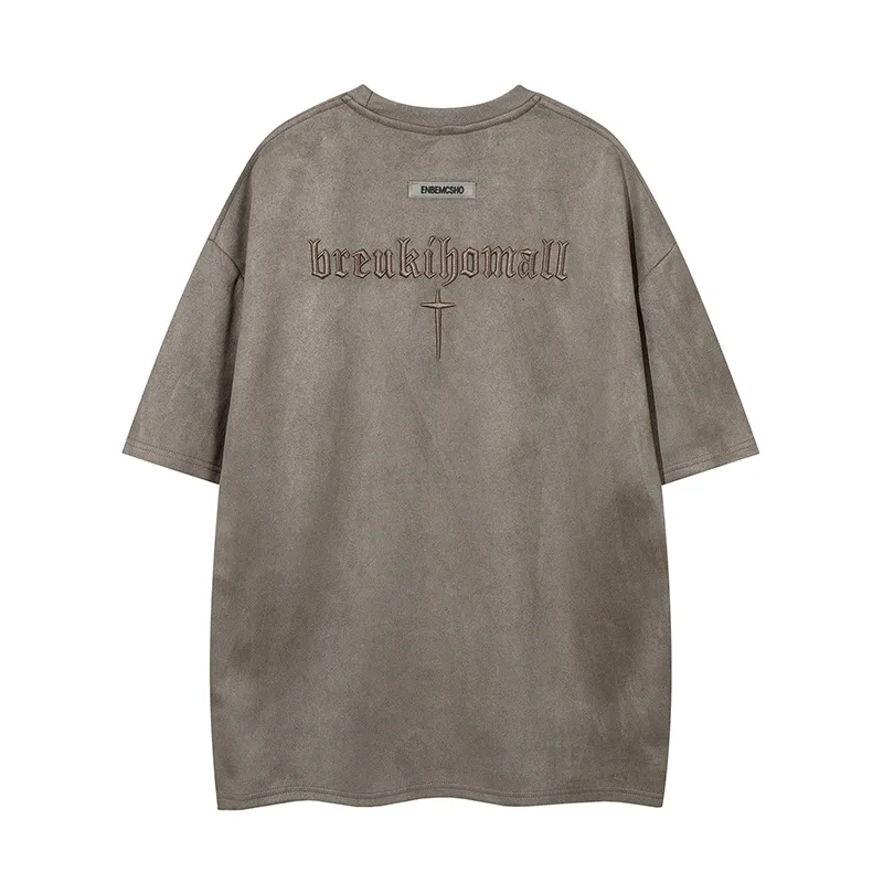 Jiayiku  Summer T-shirt Men's American Street Dark Fashion Brand Cross Embroidered Suede Short-sleeved T-shirt Men display picture 11