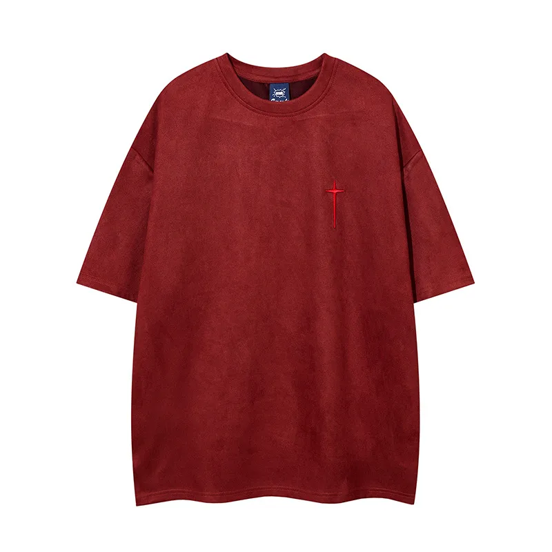 Jiayiku  Summer T-shirt Men's American Street Dark Fashion Brand Cross Embroidered Suede Short-sleeved T-shirt Men display picture 12