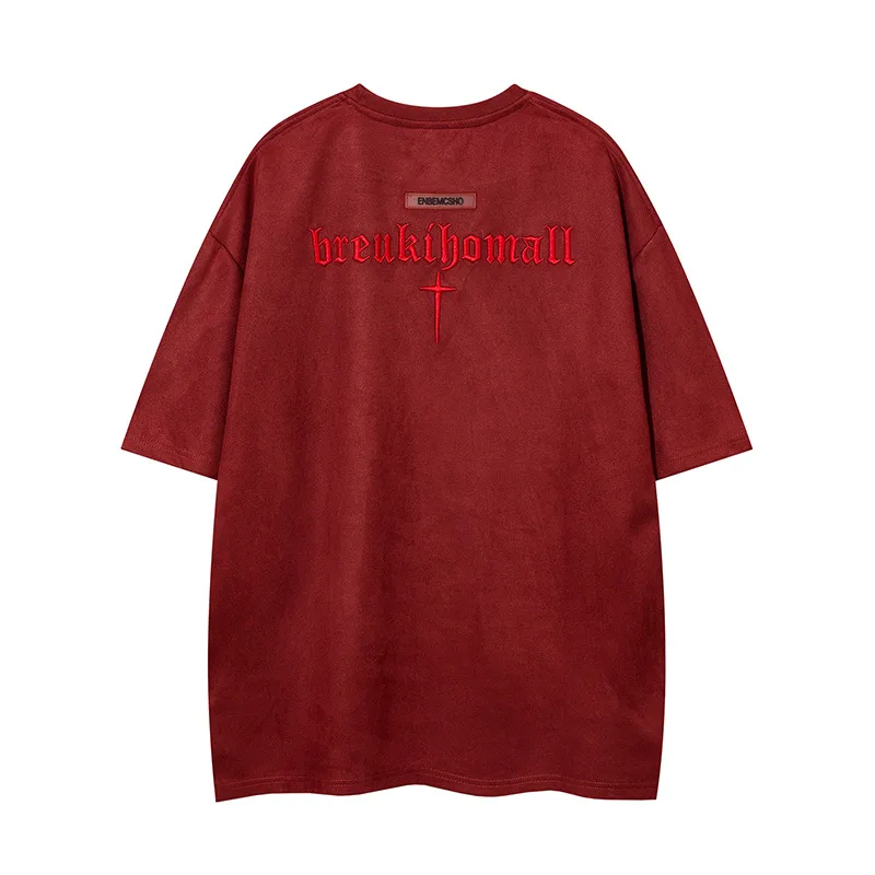 Jiayiku  Summer T-shirt Men's American Street Dark Fashion Brand Cross Embroidered Suede Short-sleeved T-shirt Men display picture 13