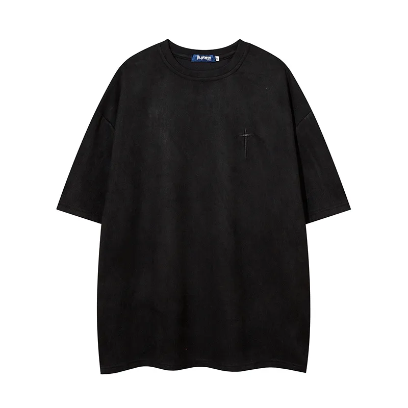 Jiayiku  Summer T-shirt Men's American Street Dark Fashion Brand Cross Embroidered Suede Short-sleeved T-shirt Men display picture 14