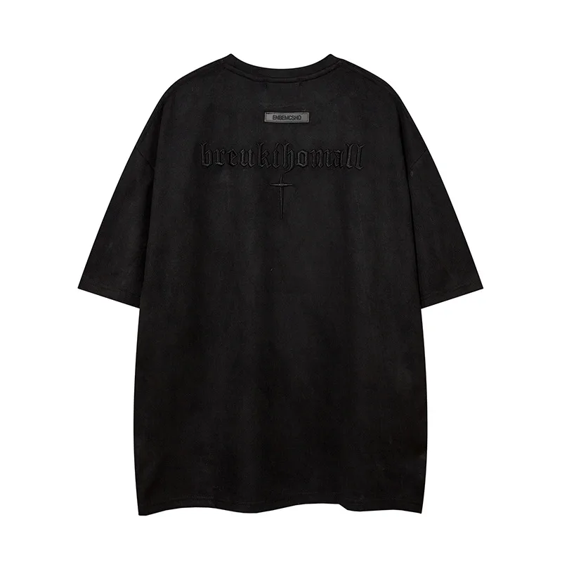 Jiayiku  Summer T-shirt Men's American Street Dark Fashion Brand Cross Embroidered Suede Short-sleeved T-shirt Men display picture 15