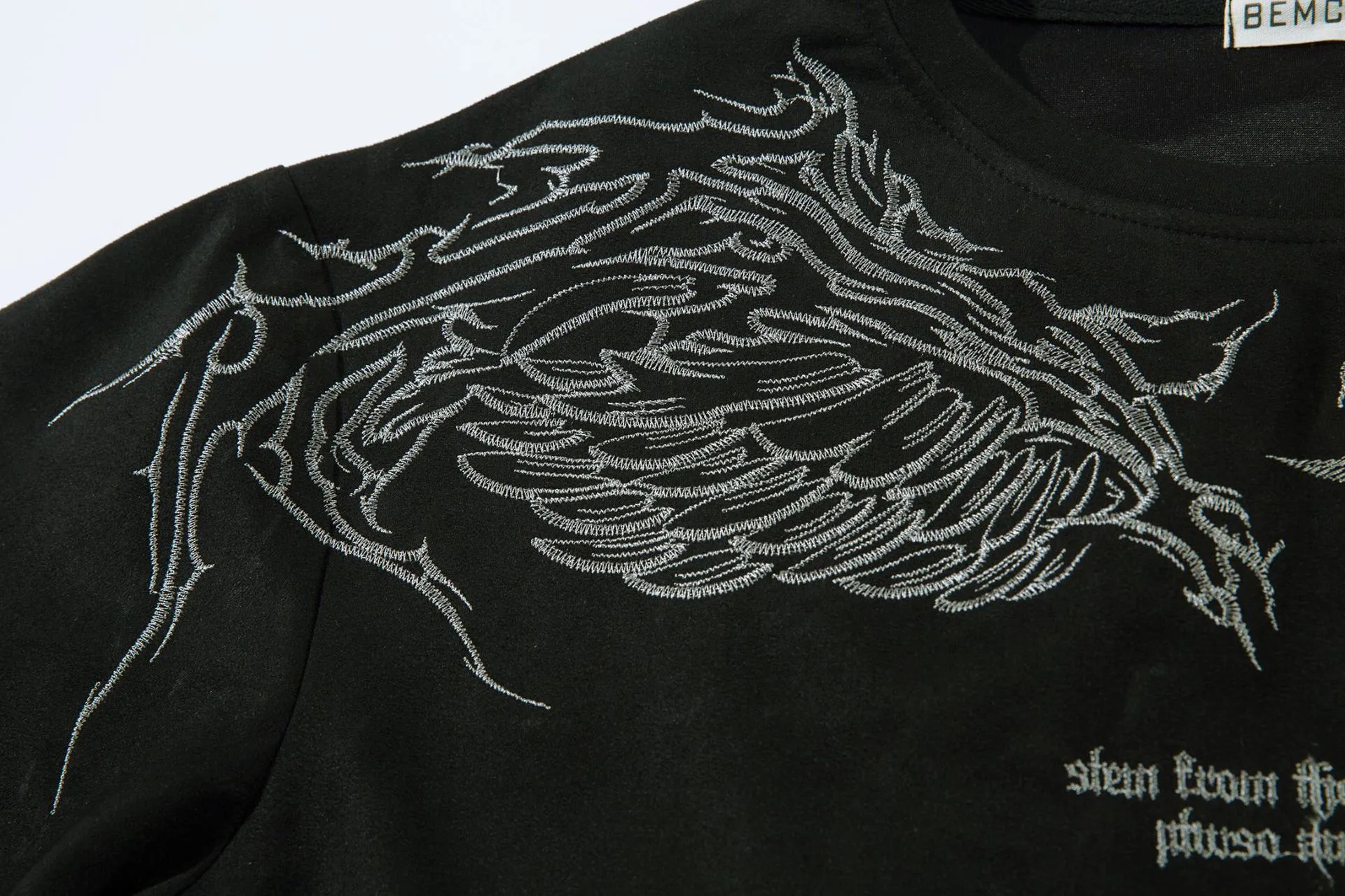 Jiayiku  Summer T-Shirt Men's American Street Dark Fashion Brand Skull Skeleton Embroidered Suede Short-Sleeved T-Shirt display picture 13