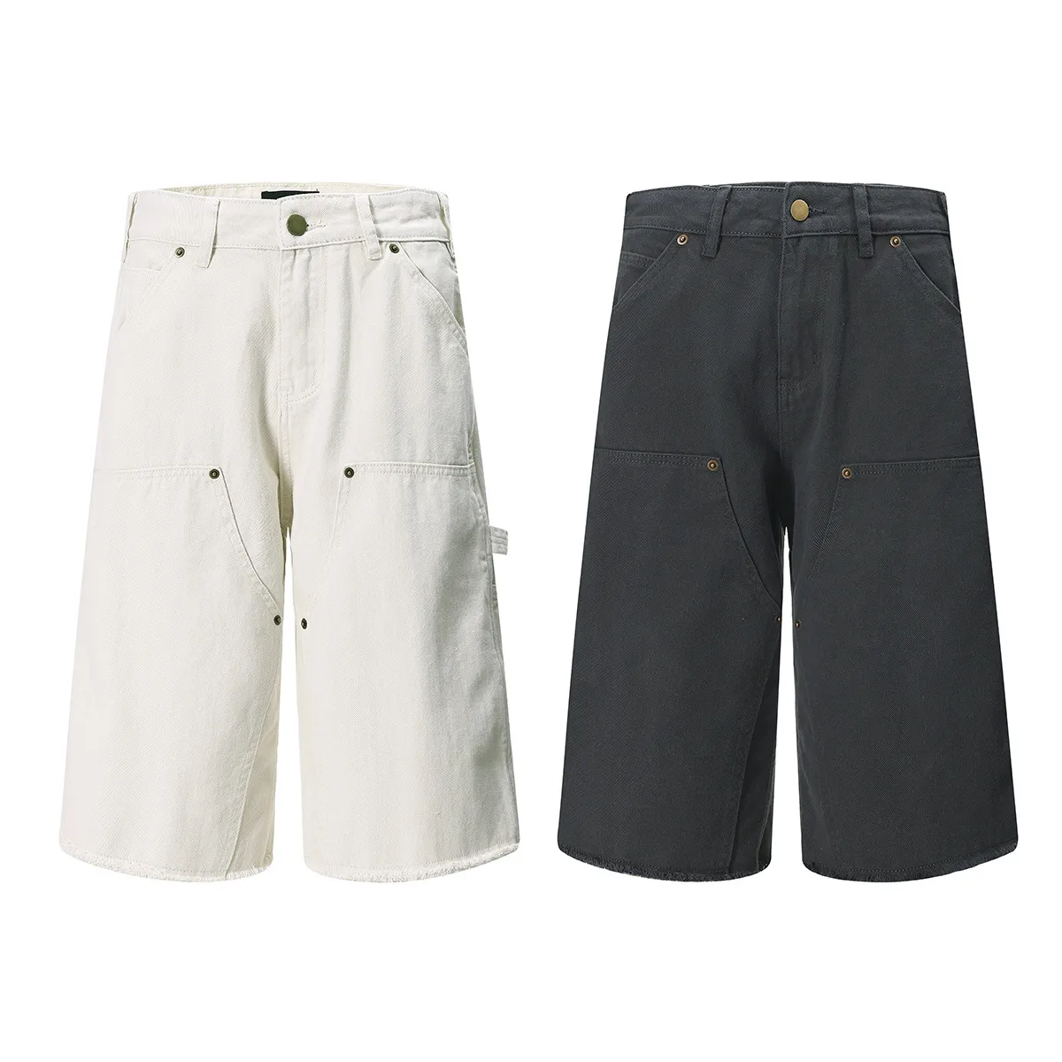 Jiayiku Men's  American Retro Rivet Cutting Wood Fold Denim Shorts Men's Washed Damaged Five-point Pants display picture 2